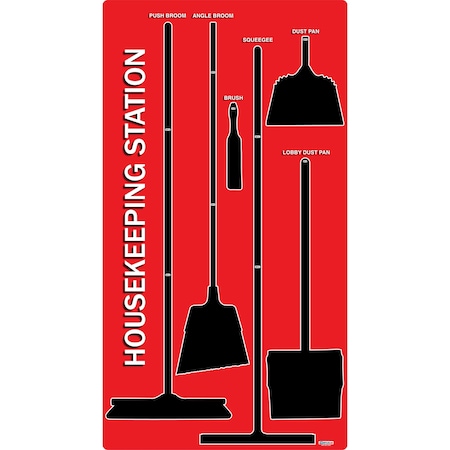 5S Supplies 5S Housekeeping Shadow Board Broom Station Version 3 - Red Board / Black Shadows  With Broom HSB-V3-RED-KIT